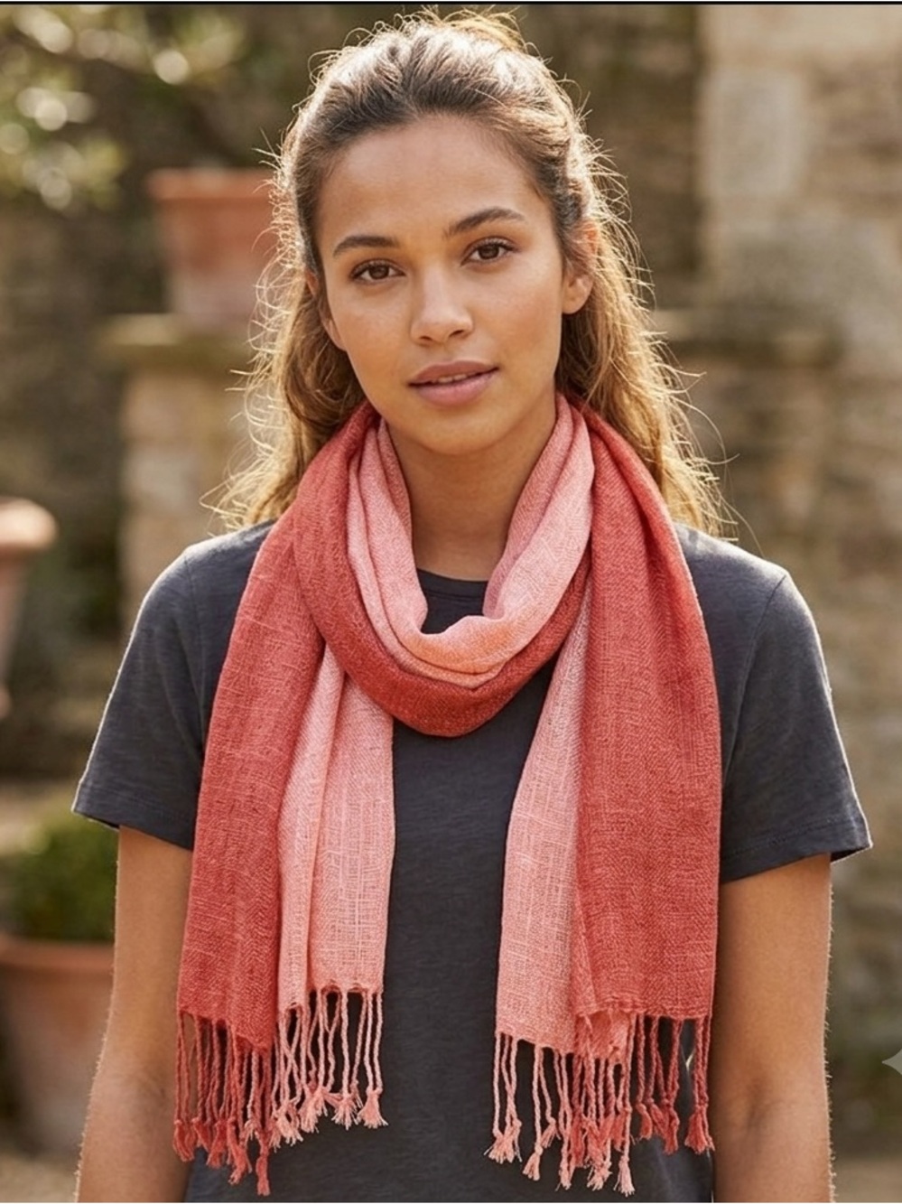 Pink Gradient Scarf, Lightweight, Fringe, Ombre, fall accessory